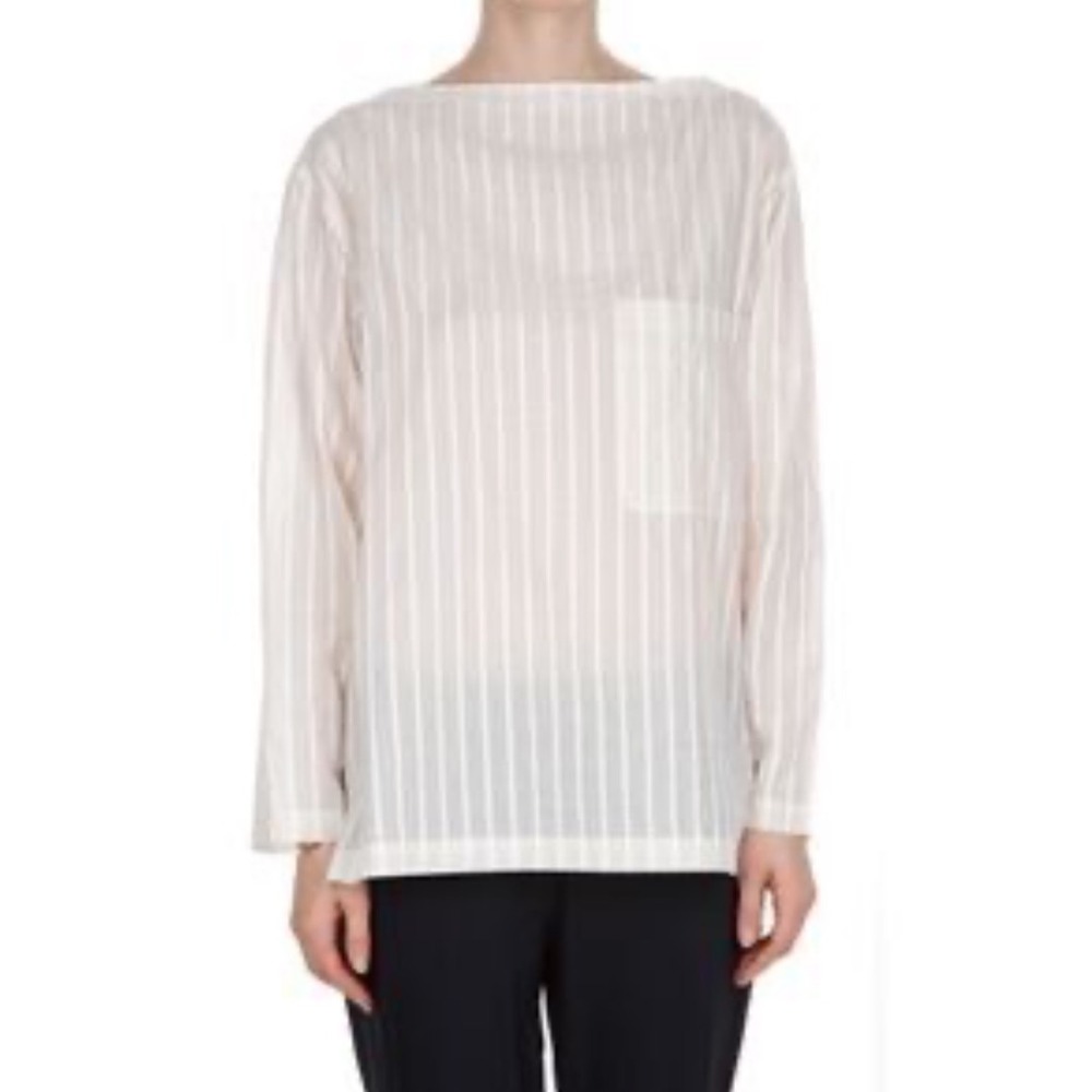 Theory Medium shirt blouse cotton ivory stripe pocket boatneck beige long sleeve